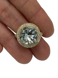 Round Aquamarine Gem Double Halo Diamond Ring Yellow Gold