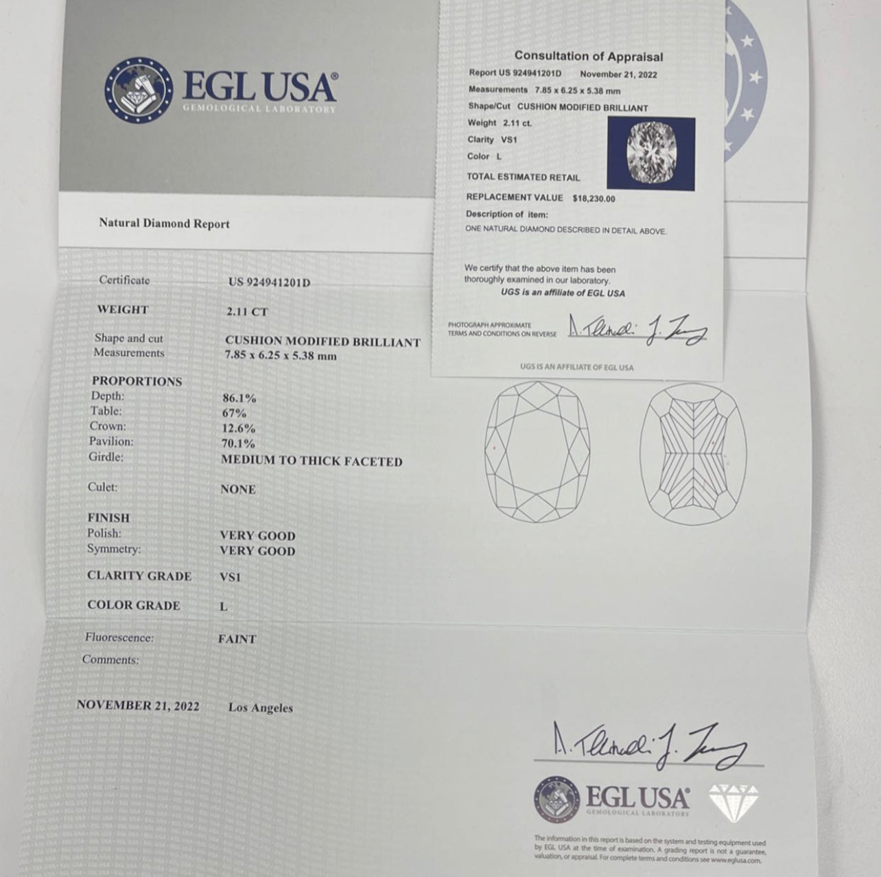 2.11 Carats L-VS1 Cushion Brilliants Diamond EGL-USA Certified FREE SETTING