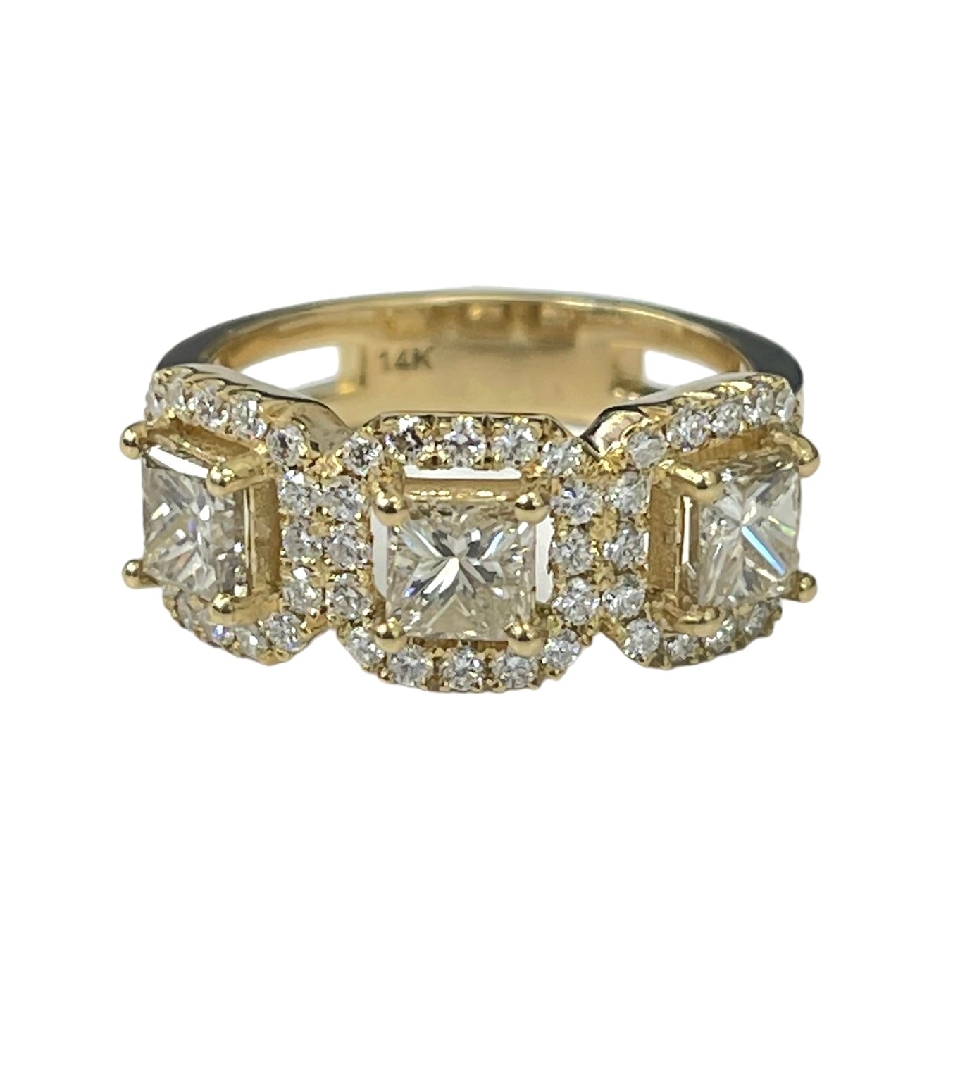 Three Stone Princess Cut Champagne Diamond Ring Yellow Gold 14kt