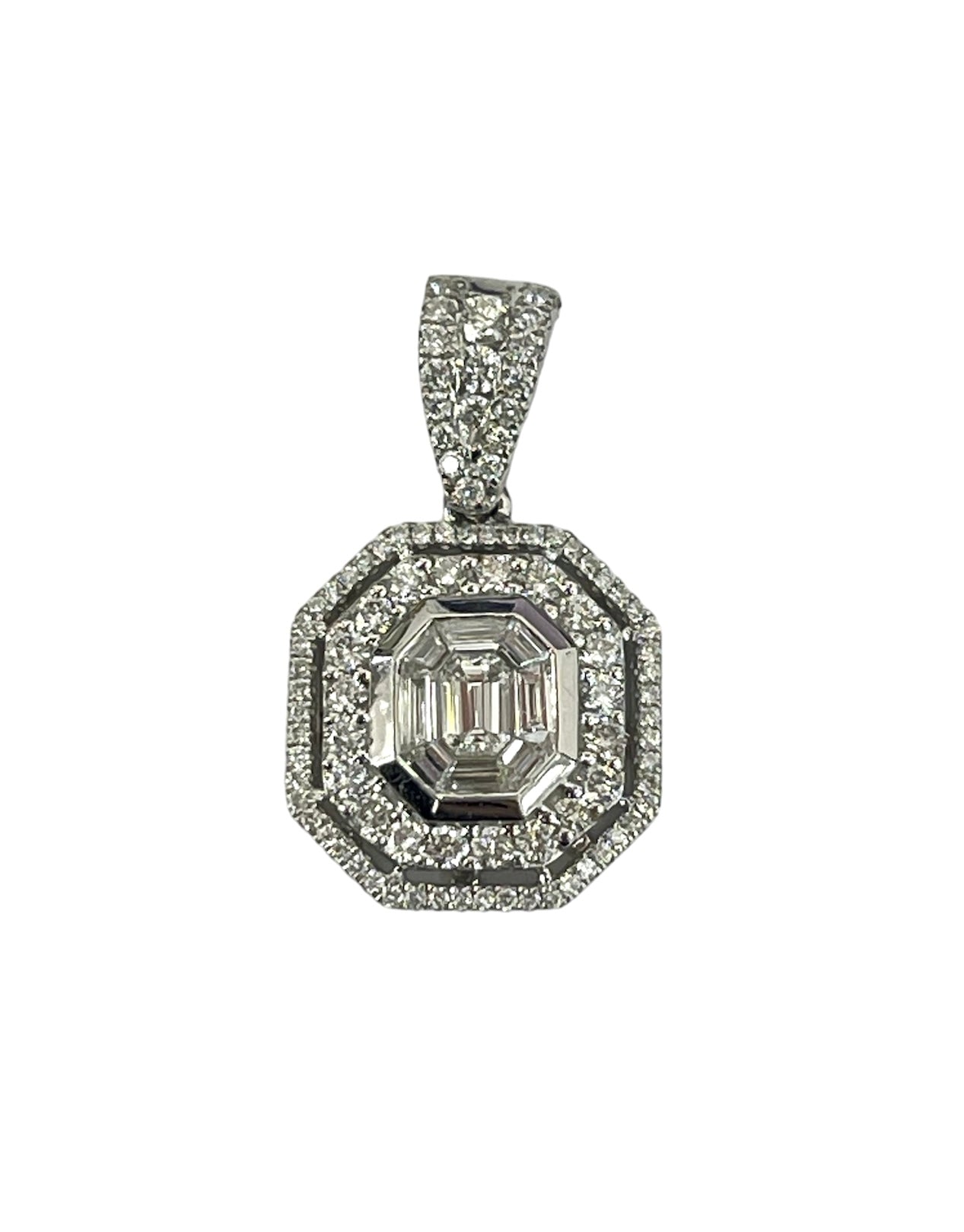 Baguettes and Round Brilliant Cluster Octagon Diamond Pendant 18kt