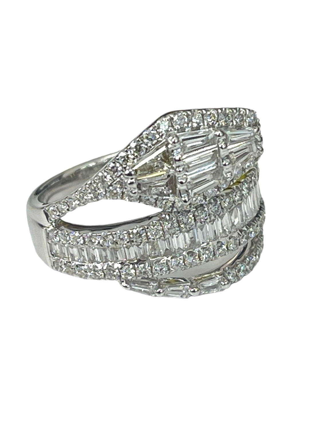 Baguettes and Round Brilliant Snake Cluster Diamond Ring White Gold 18kt