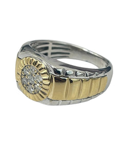 Mens round Brilliant Signet Diamond Ring Band Two Tone Gold 14kt