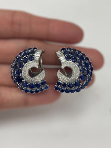 Blue Sapphire Diamond Fan Earrings White Gold 18kt