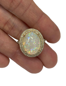 Opal Gem Double Halo Diamond Ring Yellow Gold 14kt