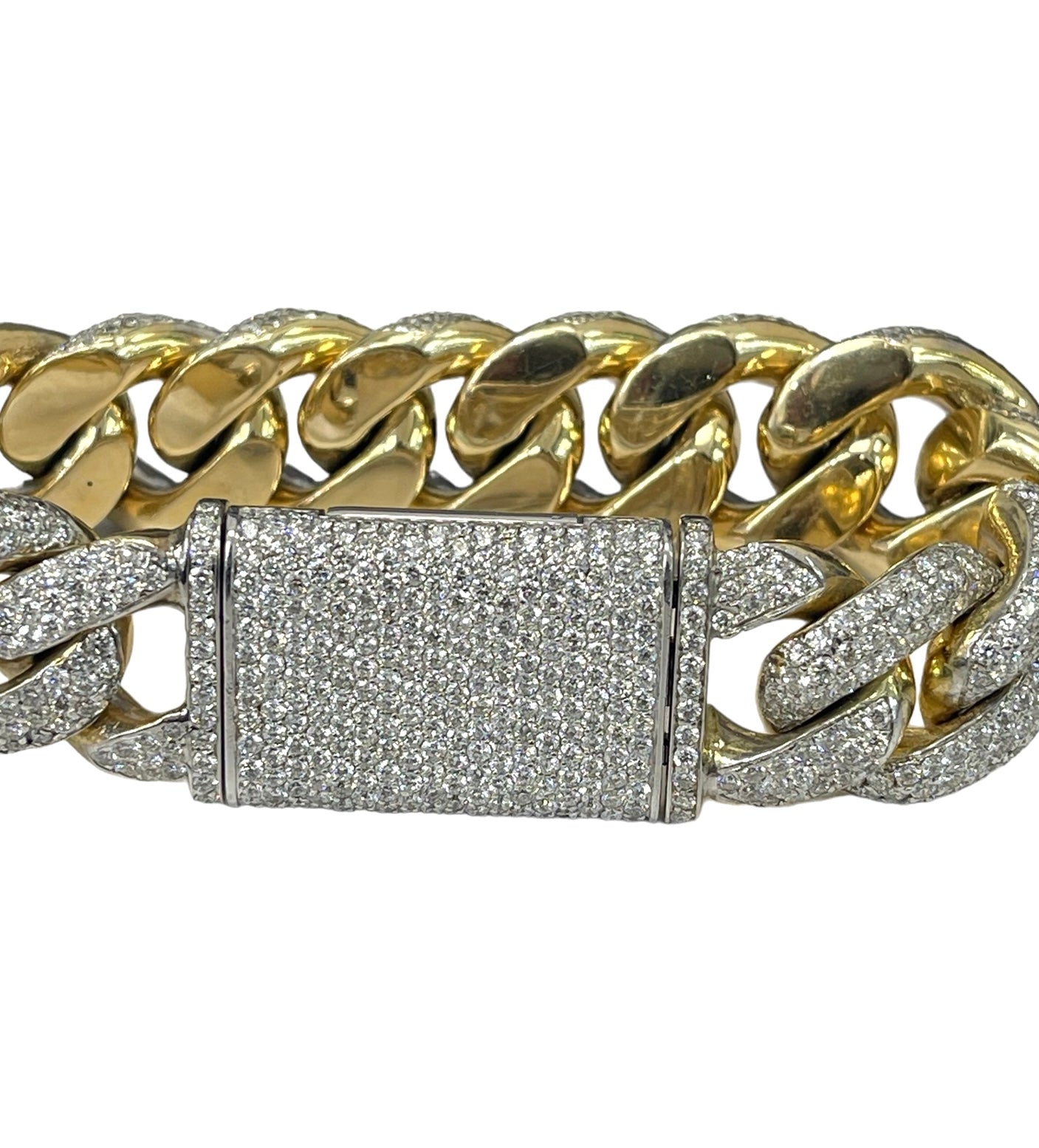 Mens Heavy Cuban Link Diamond Bracelet Yellow Gold 14kt