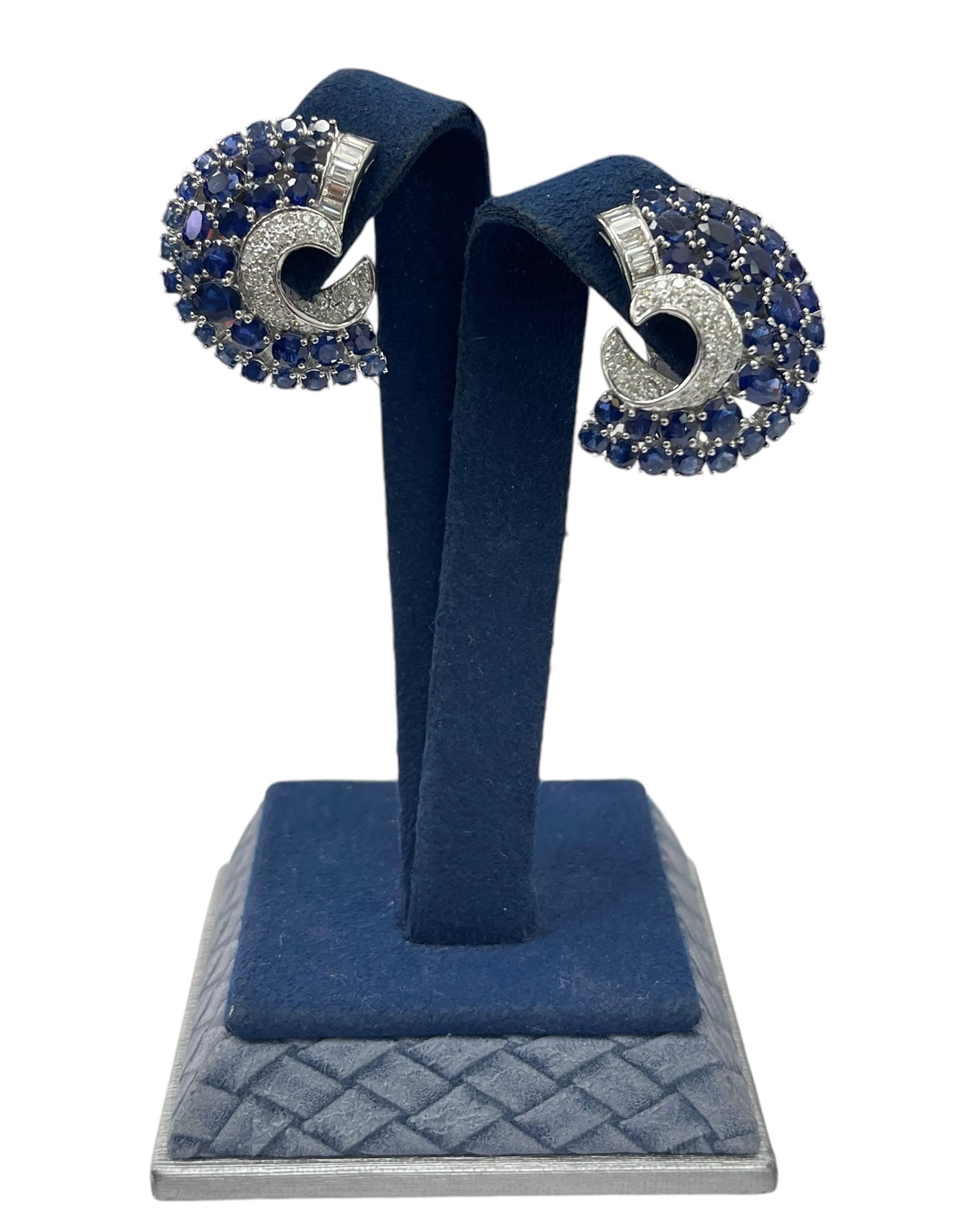 Blue Sapphire Diamond Fan Earrings White Gold 18kt