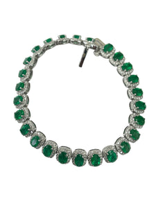 Oval Green Emerald Gem and Round Brilliant Diamond Tennis Bracelet White Gold