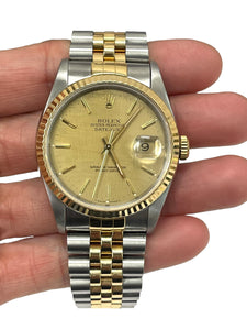 Rolex Datejust Two Tone 36MM Champagne Linen Dial 16233 Tight Band