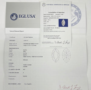 1.65 Carats I-SI3 Marquise Brilliant Diamond EGL-USA Certified FREE SETTING