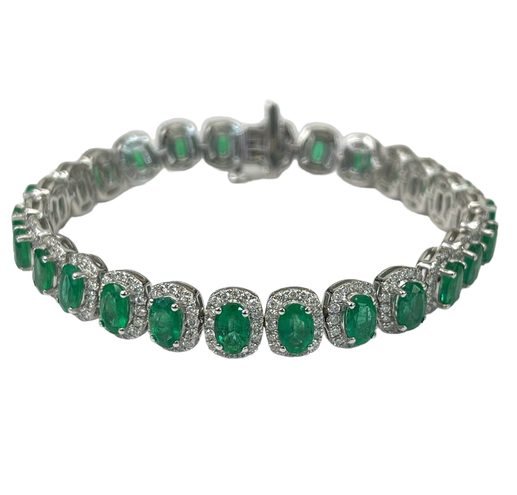 Oval Green Emerald Gem and Round Brilliant Diamond Tennis Bracelet White Gold