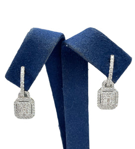 Baguettes and Round Brilliant Cluster Diamond Earrings White Gold 18kt