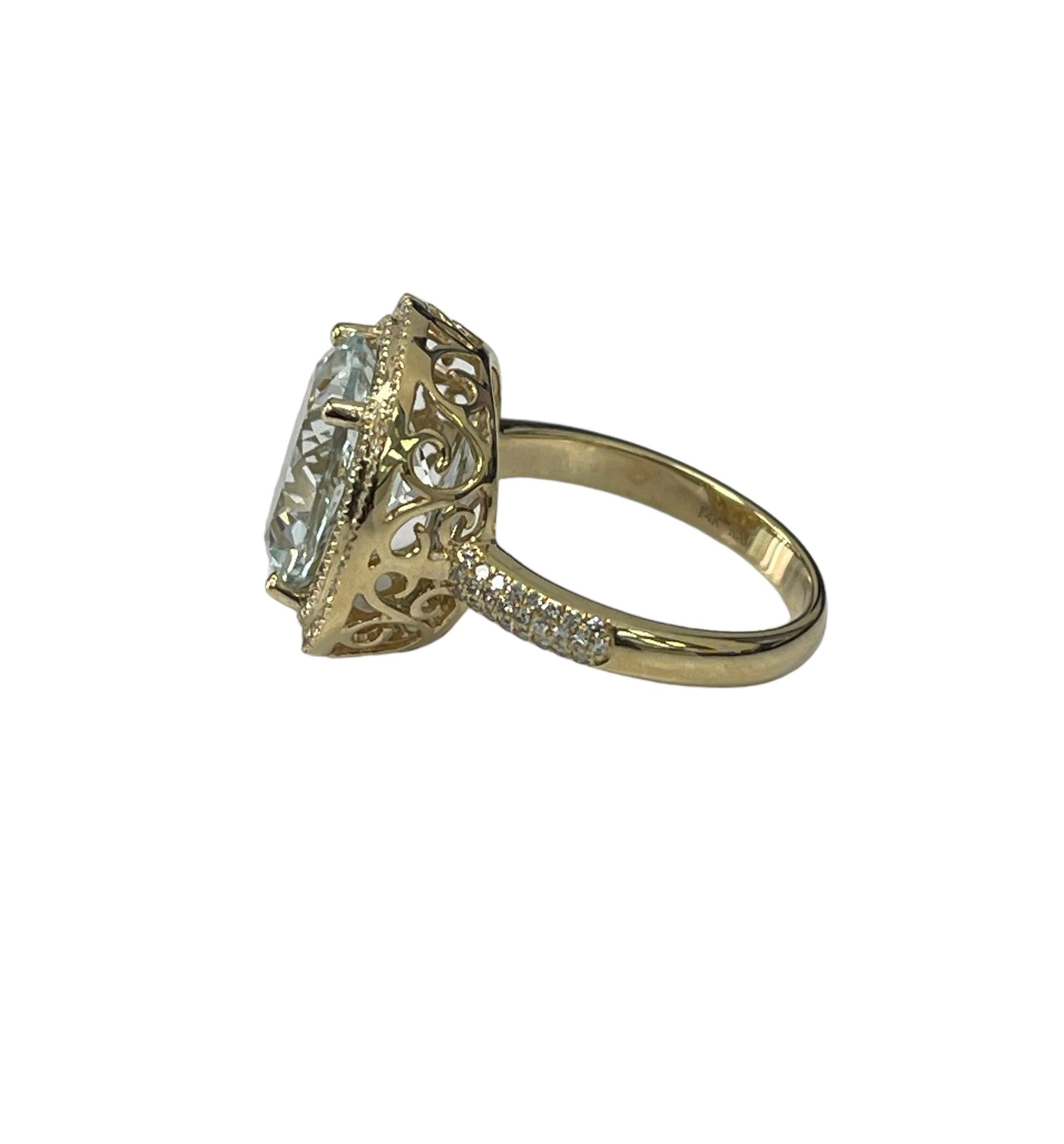 Round Aquamarine Gem Double Halo Diamond Ring Yellow Gold