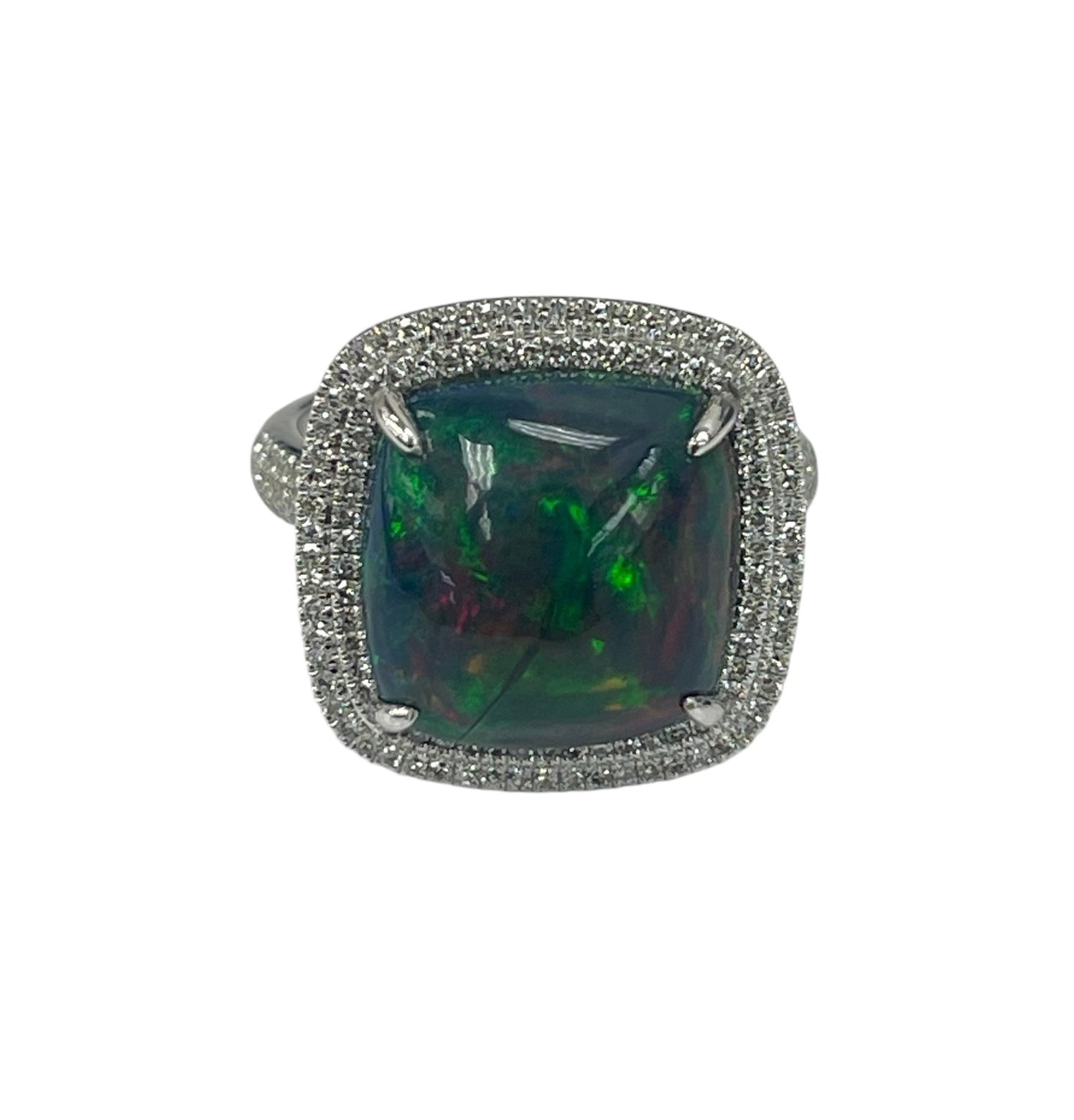 Green Opal Gem Diamond Ring White Gold 14kt