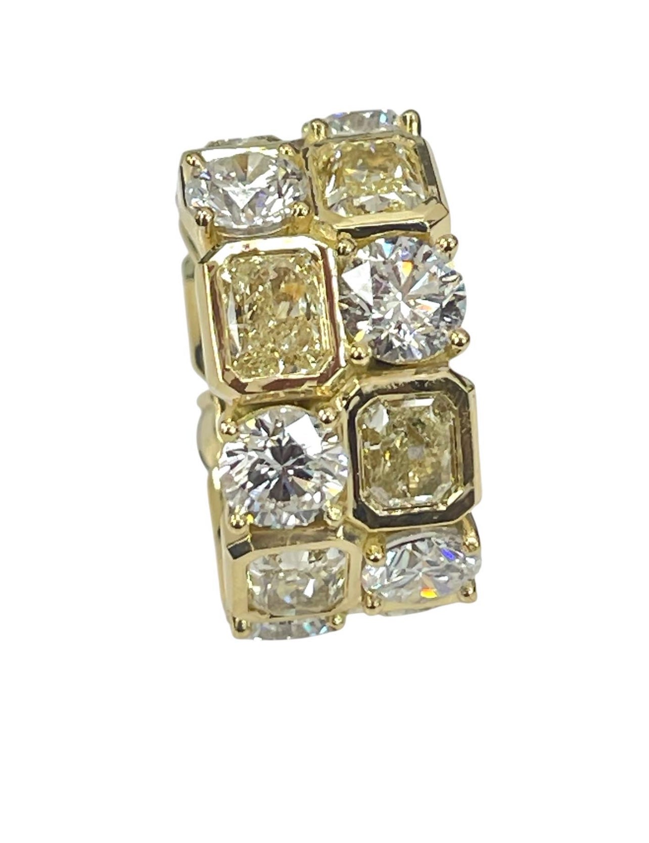Fancy Yellow Radiant and Round White Diamond Ring Yellow Gold 18kt