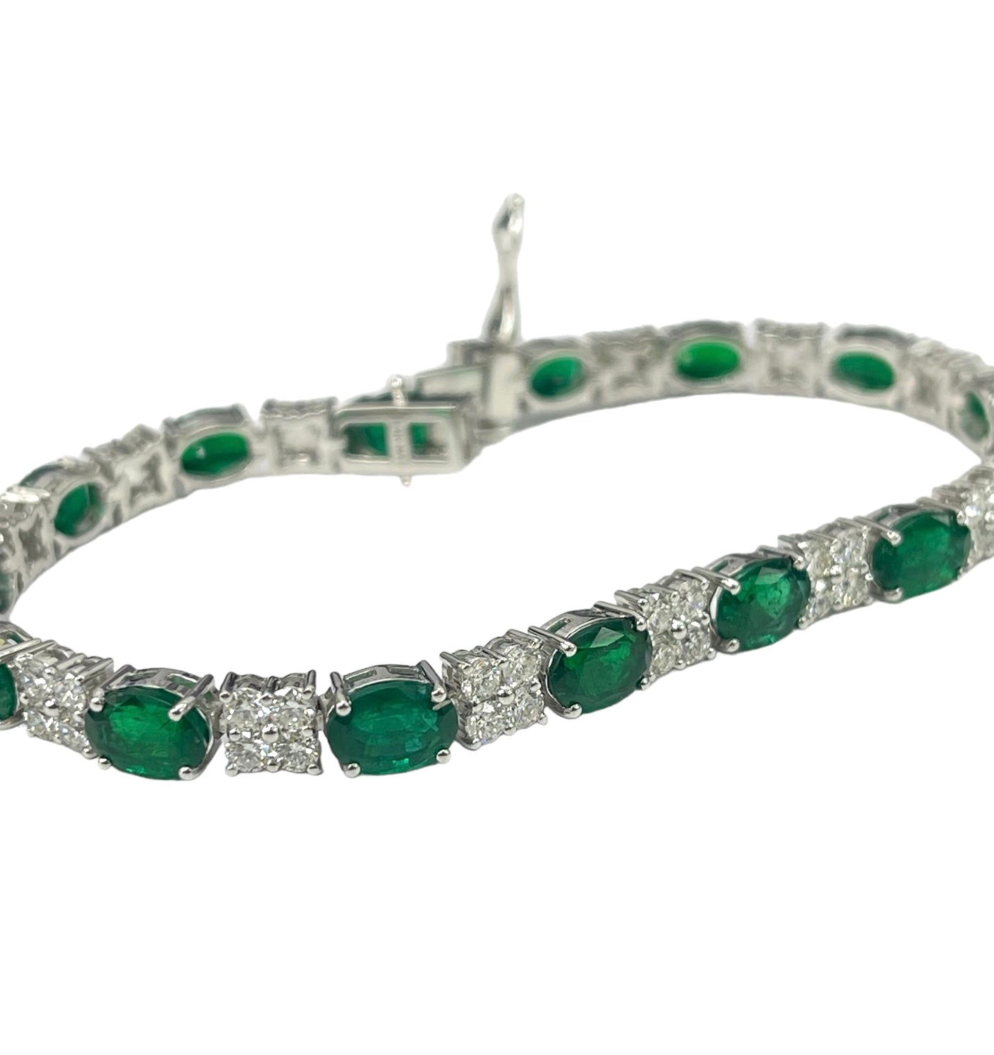 Emerald Gem and Round Brilliant Diamonds Eternity Bracelet White Gold 14kt