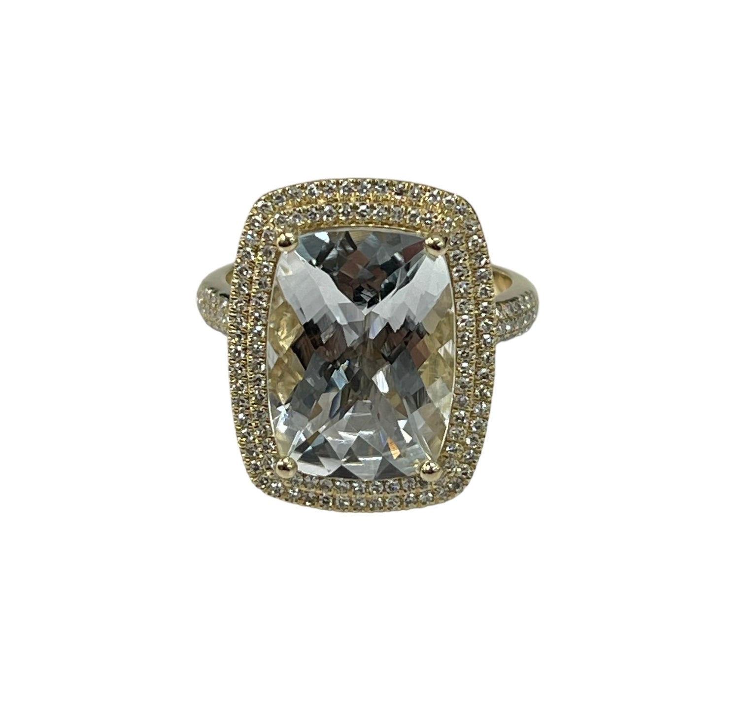 Radiant Aquamarine Gem Double Halo Diamond Ring Yellow Gold