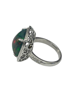 Green Opal Gem Diamond Ring White Gold 14kt