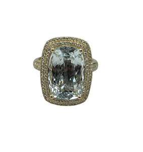 Aquamarine Gem Double Halo Diamond Ring Yellow Gold