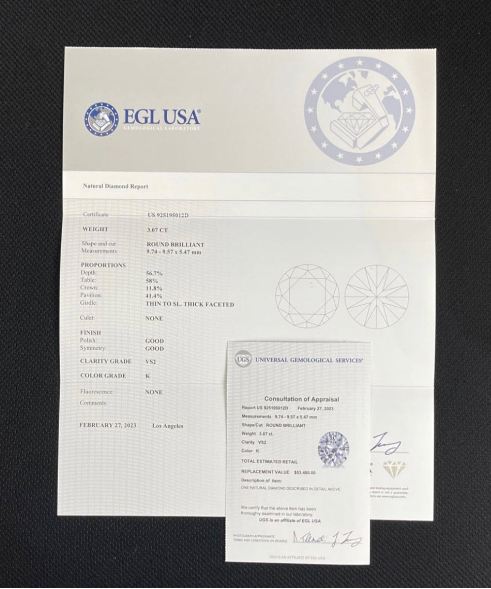 Gemological Institute Egl Diamond Report K-VS2 Round Brilliant