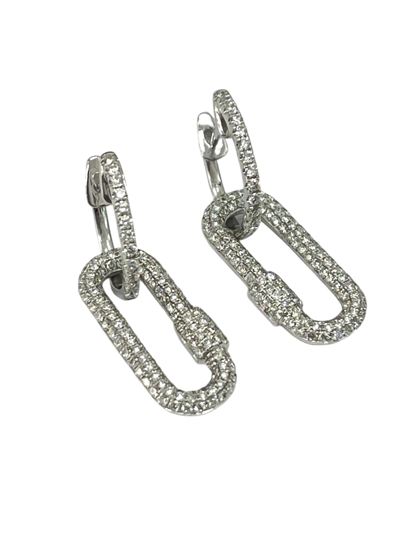 Paper Clip Round Brilliant Dangling Diamond Earrings White Gold 18kt