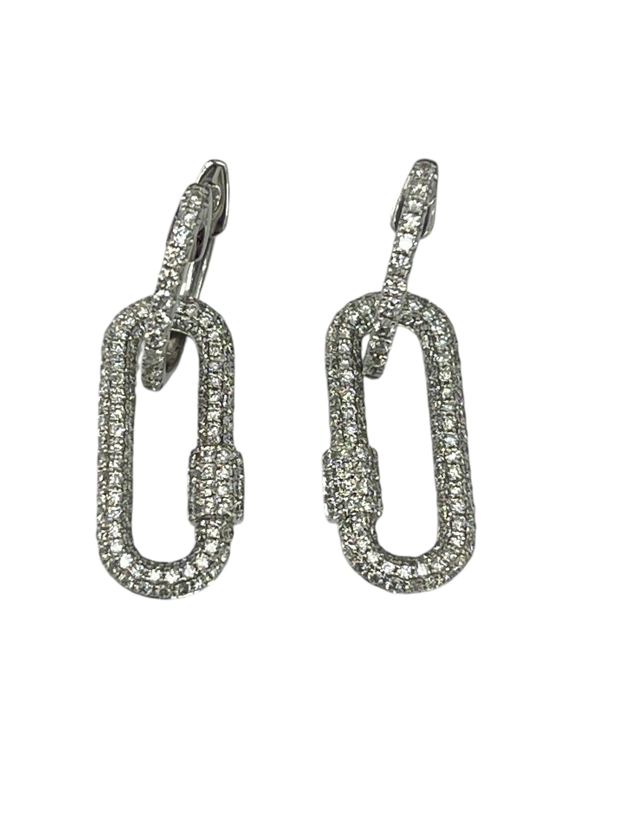 Paper Clip Round Brilliant Dangling Diamond Earrings White Gold 18kt