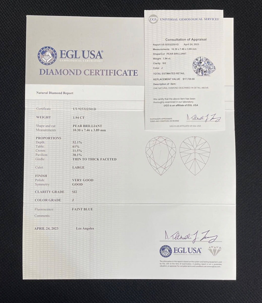 1.94 Carat J-SI2 Pear Brilliants Diamond EGL-USA Certified FREE SETTING