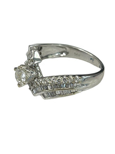 Round Brilliant Diamond Ring with Baguettes Accents White Gold 14kt