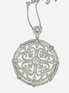 Art Deco Medallion Round Brilliant Diamond Pendant Chain 14kt