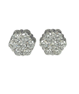Flower Cluster Round Brilliant Diamond Earrings White Gold