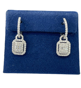Baguettes and Round Brilliant Cluster Diamond Earrings White Gold 18kt