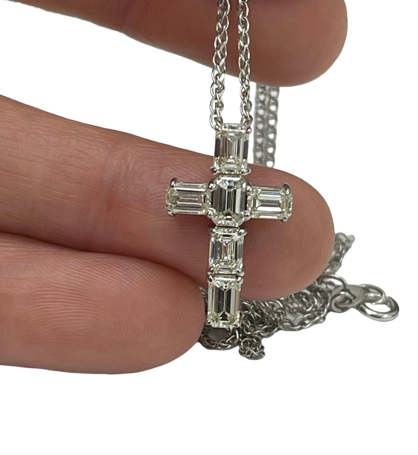 Emerald Diamond Cross Pendant Chain White Gold