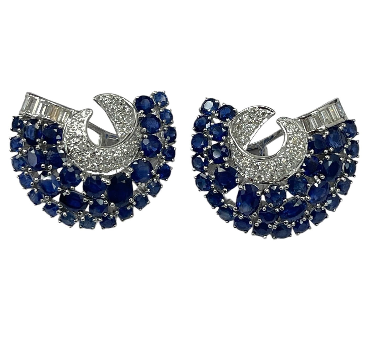 Blue Sapphire Diamond Fan Earrings White Gold 18kt