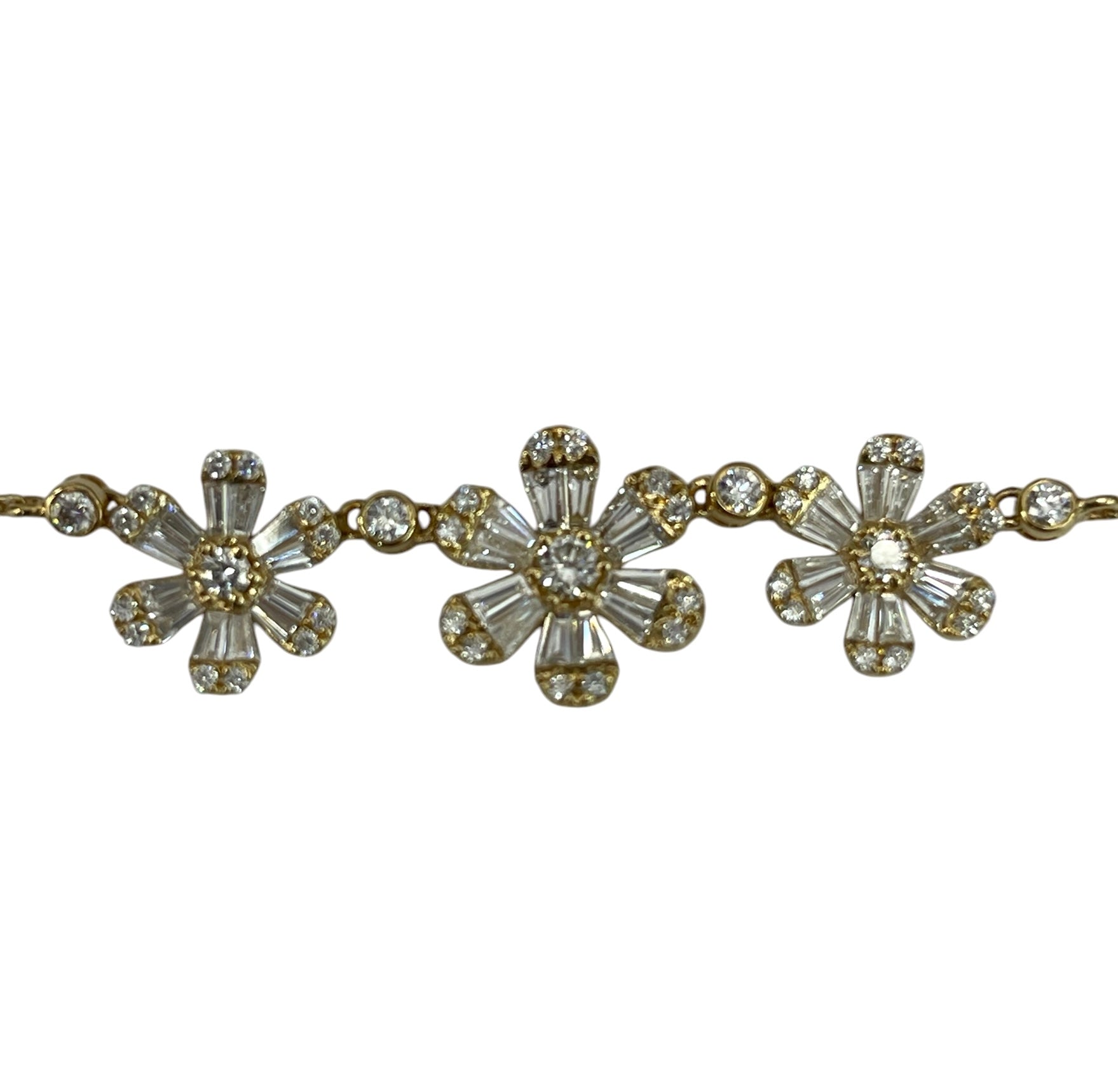 Three Flowers Baguette Diamond Necklace Yellow Gold 18kt