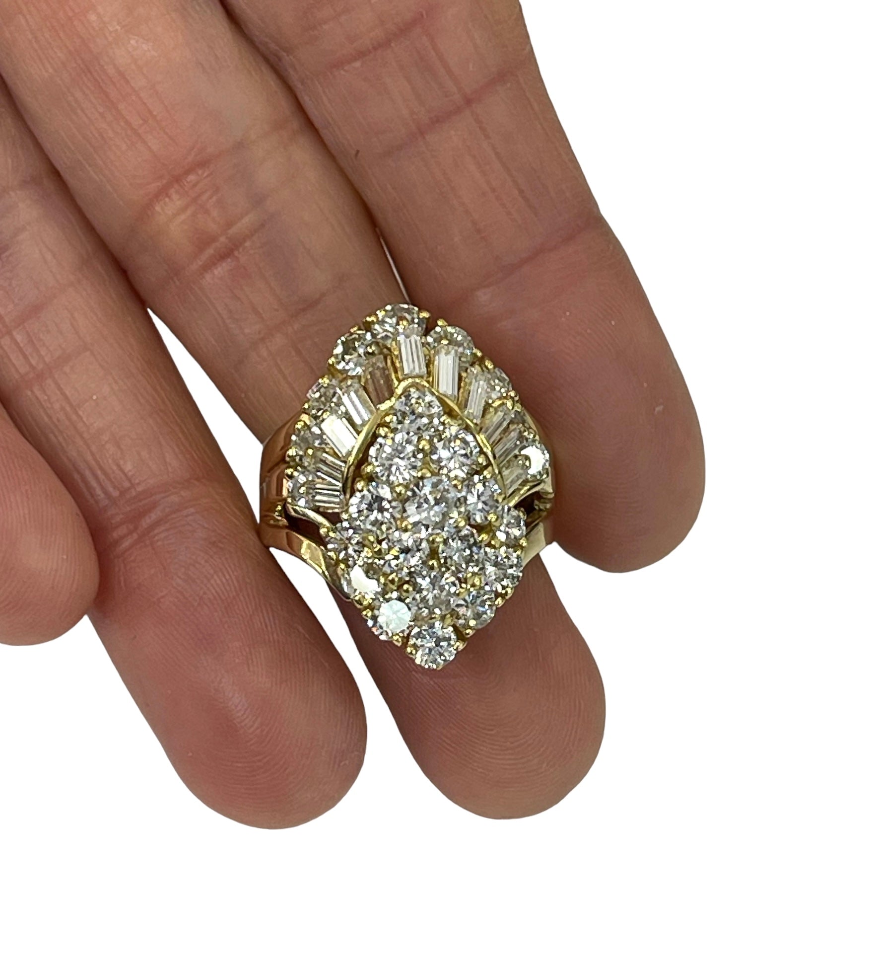 Baguettes and Round Brilliant Waterfall Diamond Ring Yellow Gold 14kt