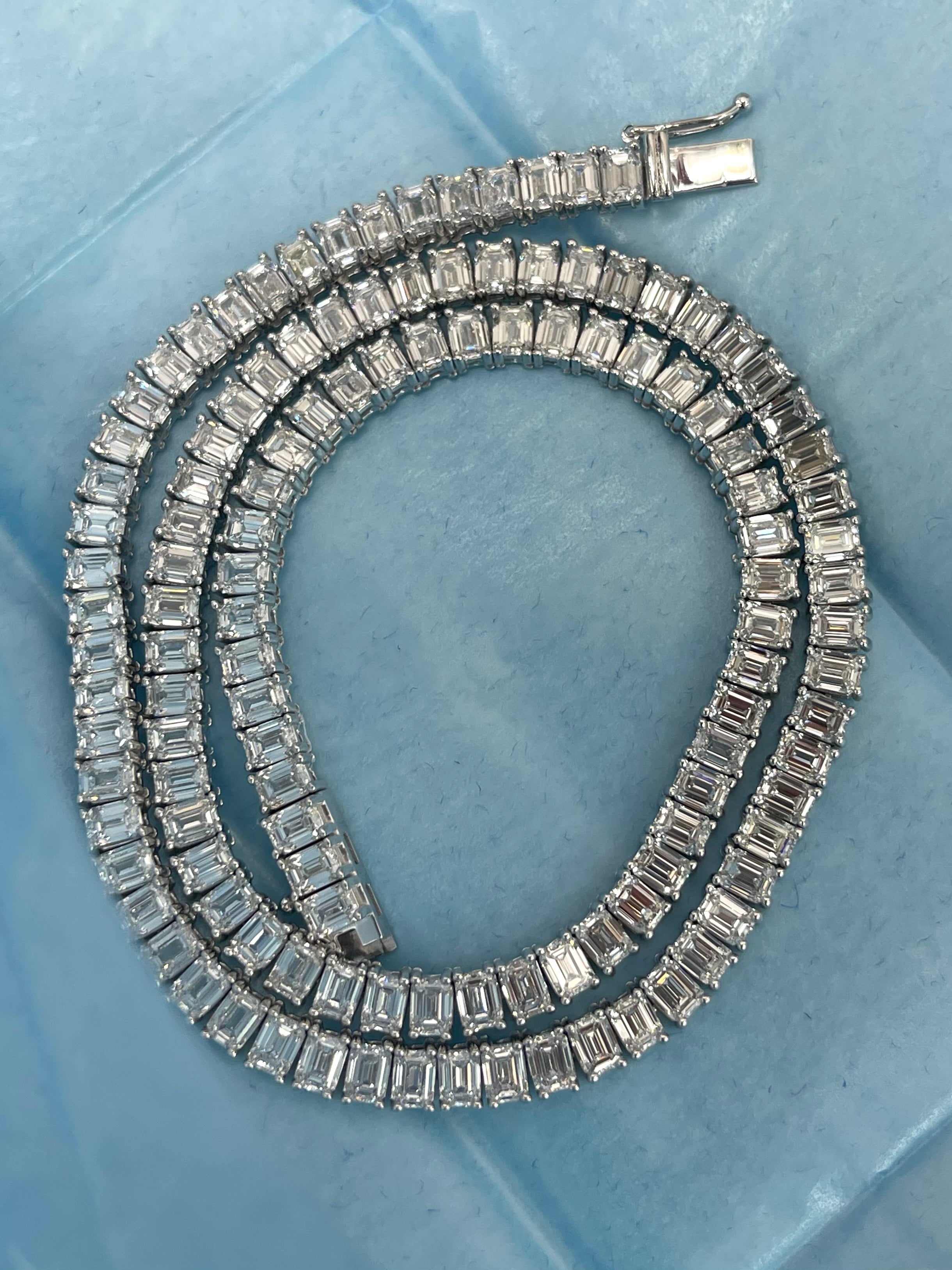 Custom Emerald Cut Lab Grown Tennis Necklace Chain White Gold 18kt