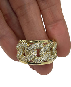 Unisex Cuban Chain Wide Diamond Ring Yellow Gold 14kt