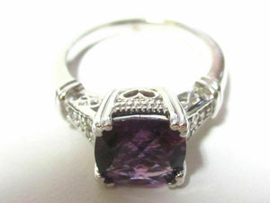 Fine 2.46TCW Natural Cushion Amethyst & Diamond Solitaire Ring Size 6.5 14k W/G