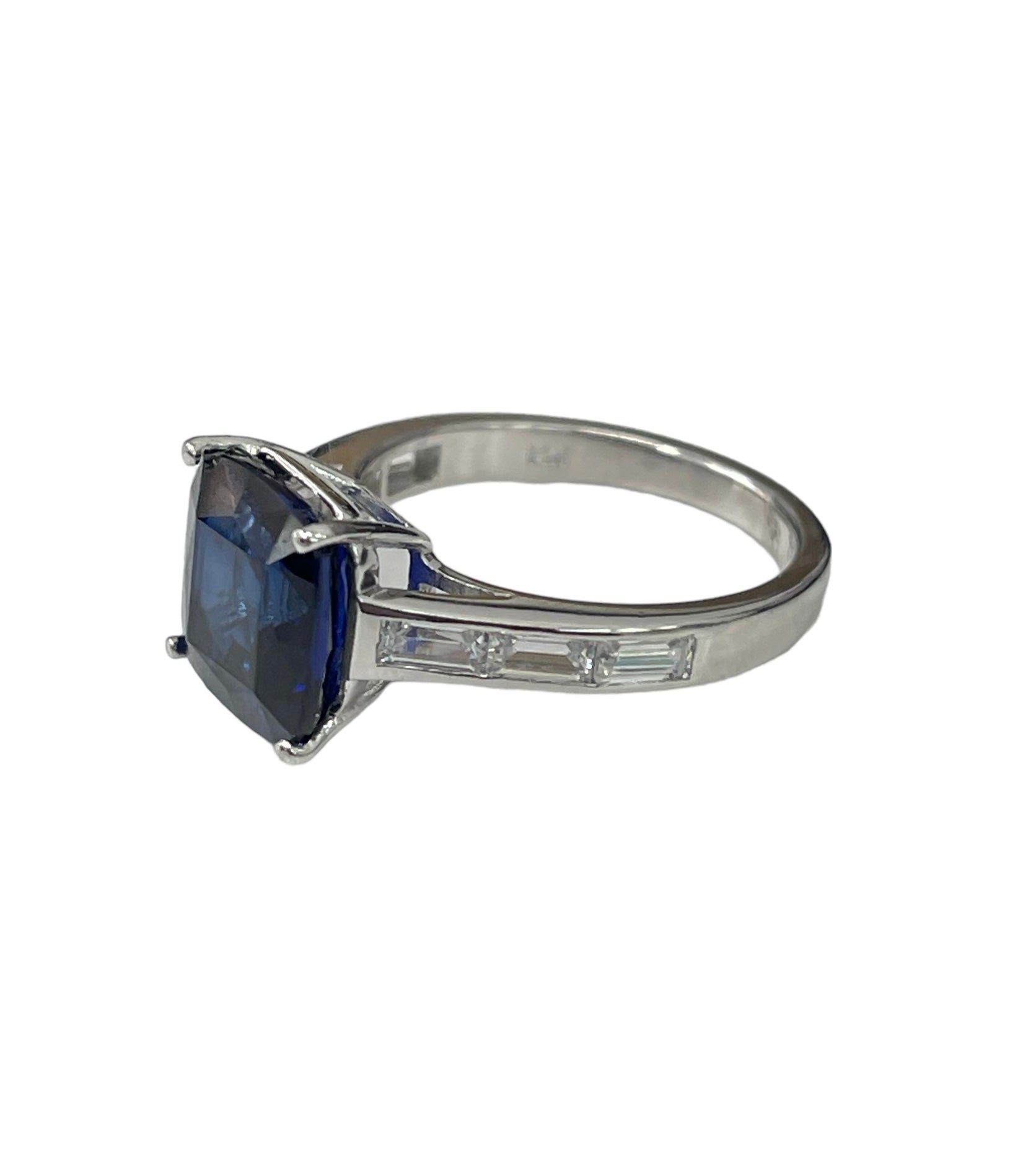 Blue Sapphire Cushion Cut Gem Diamond Ring 14kt White Gold