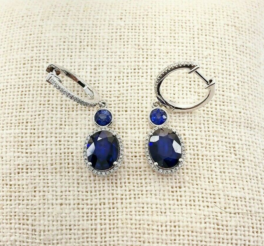 Fine 4.24 Carats t.w. Diamond and Blue Sapphire Halo Dangle Earrings 14K Gold