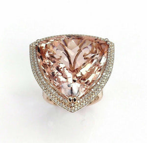 29.86 Carats t.w. Diamond and Morganite Double Halo Ring 14K Gold Brand New