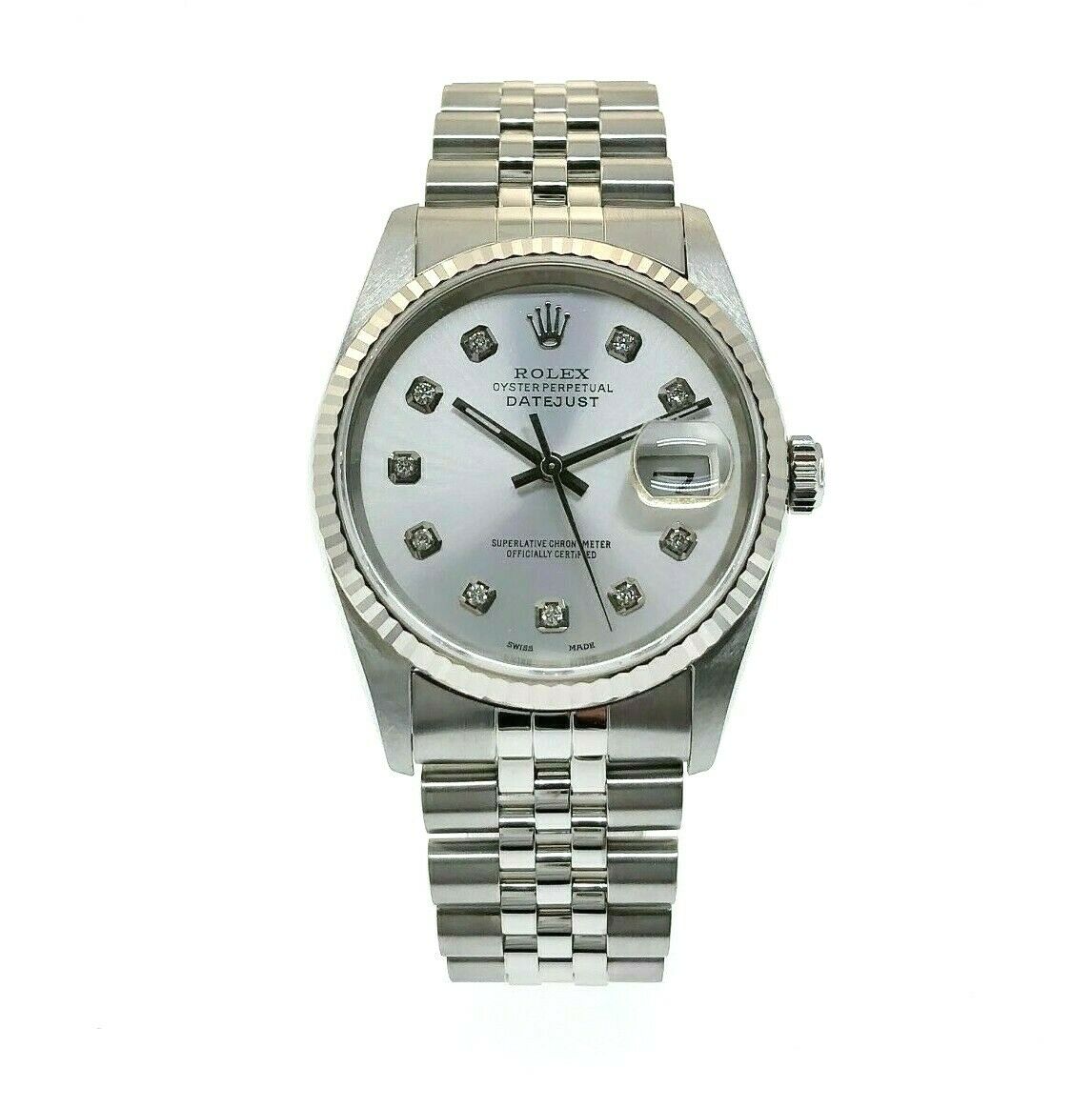 Rolex 36 MM Factory Diamond Datejust 18 Karat White Gold Steel Watch Ref # 16234