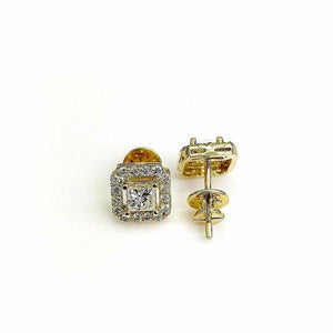 0.97 Carats t.w. Princess and Round Diamond Halo Earrings 14K Yellow Gold New