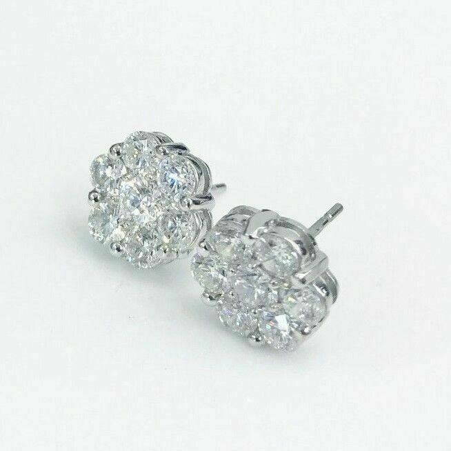 3.19 ct Diamond Cluster Earrings Round Brilliant Cut in 14K White Gold
