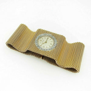 Vintage Womens Diamond Longines Mesh Bracelet Watch Solid 18 Karat Yellow Gold