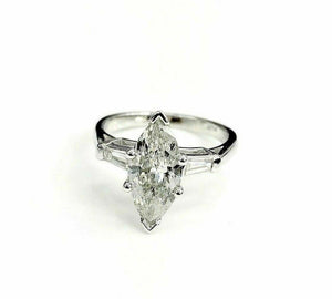 2.10 Carats Classic Marquise and Baguette Engagement Ring 1.89 Center Platinum