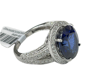 Blue Sapphire Gem Oval Diamond Ring White Gold 14kt