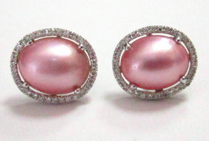 FINE Silver Pink Stud Pearl Diamond Earrings 14kt White Gold
