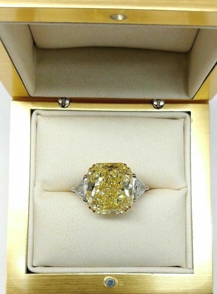 13.72 ct Radiant Cut Fancy Yellow Diamond Engagement Ring GIA Certified size 6.5