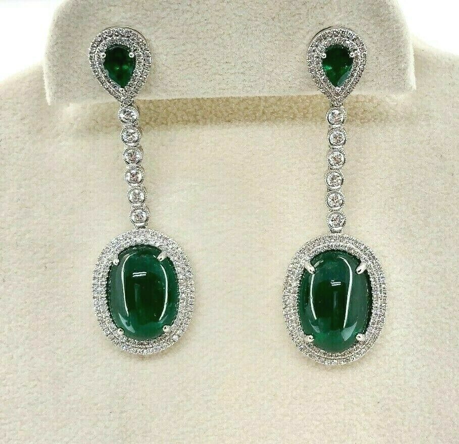 13.82 Carats 14K Emerald and Diamond Dangle Earrings Emeralds are 12.55 Carats