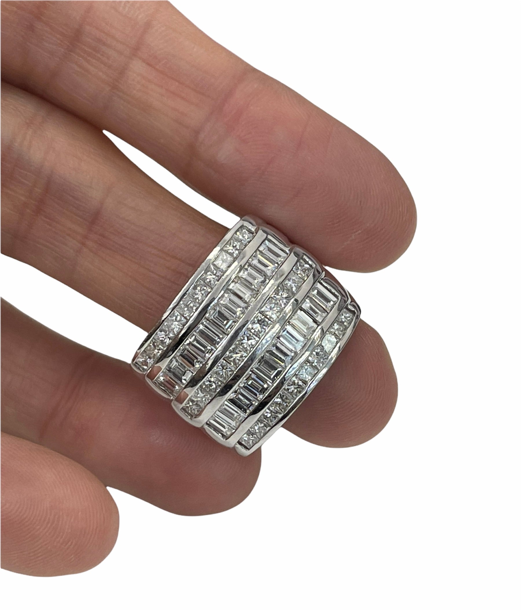 Womens Five Rows Baguettes and Princess Cut Wide Diamond Ring